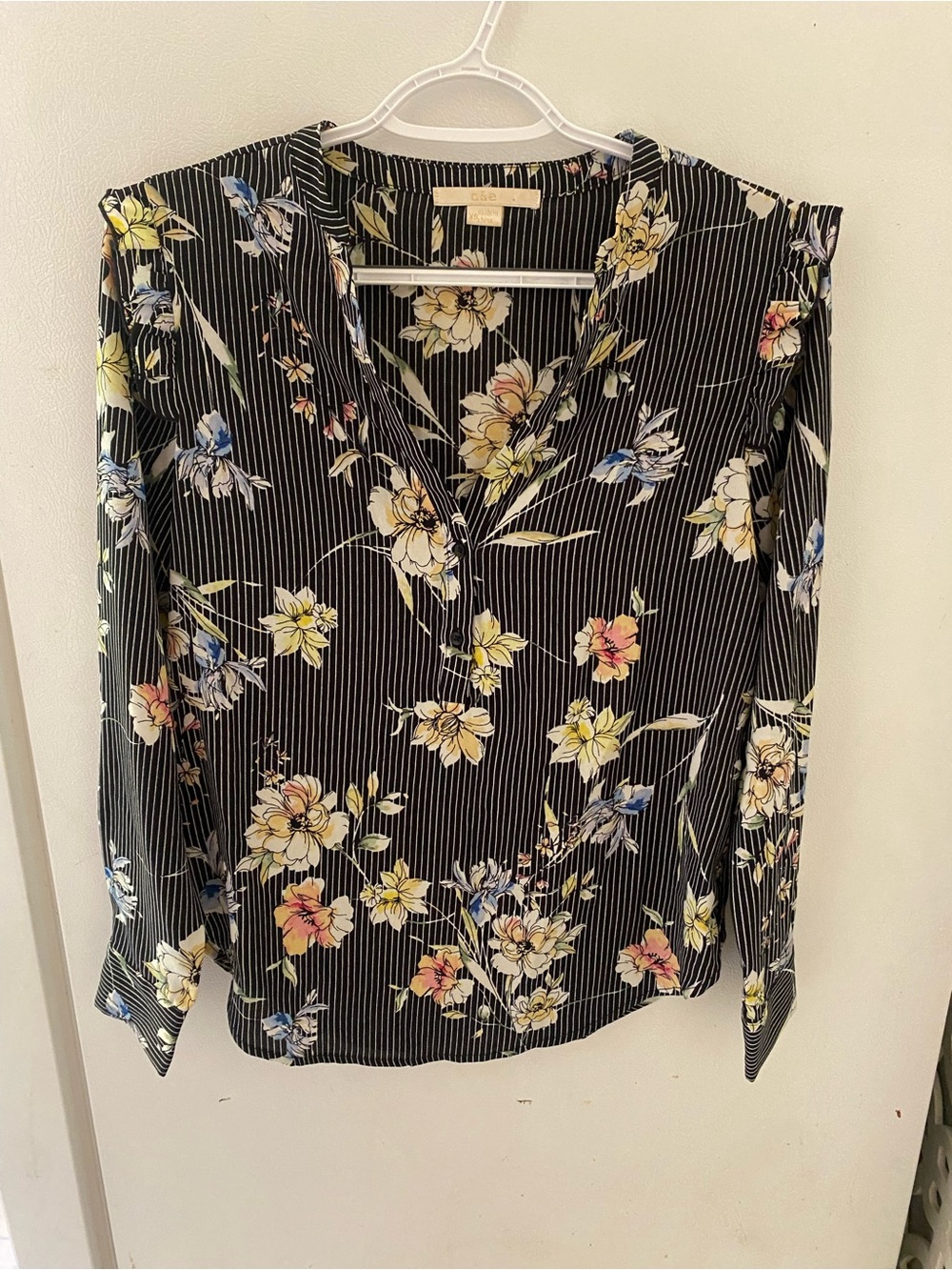 Floral Stripe V-Neck Long Sleeve Top - Black